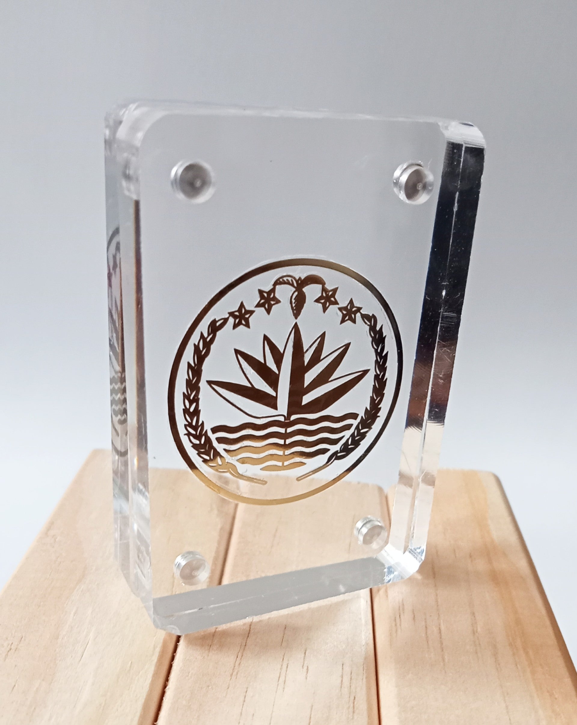 Golden Bangladesh National Emblem Clear Acrylic Block
