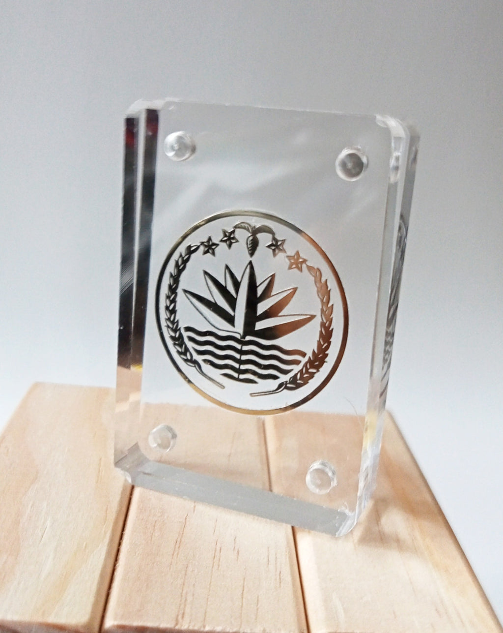 Golden Bangladesh National Emblem Clear Acrylic Block