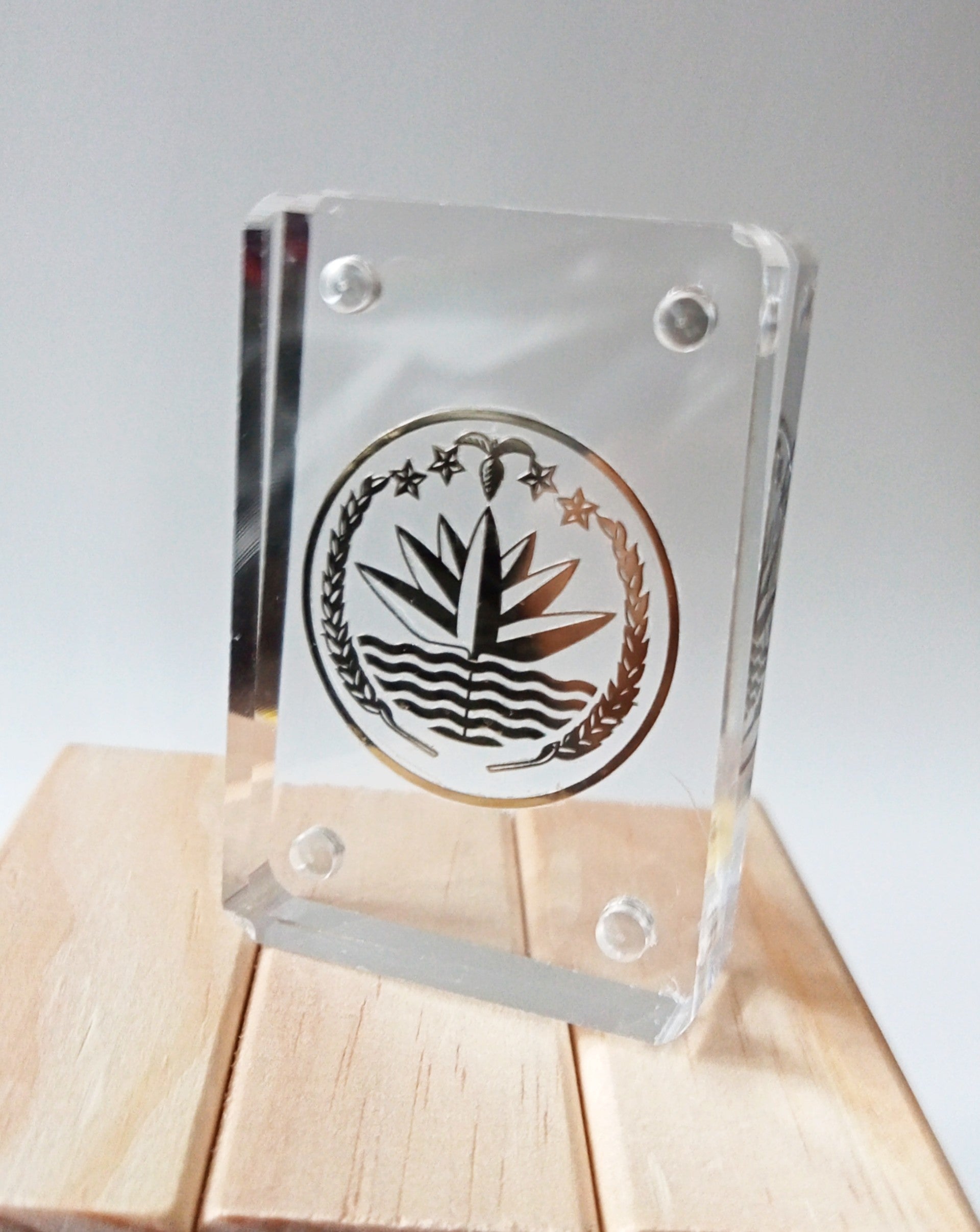 Golden Bangladesh National Emblem Clear Acrylic Block