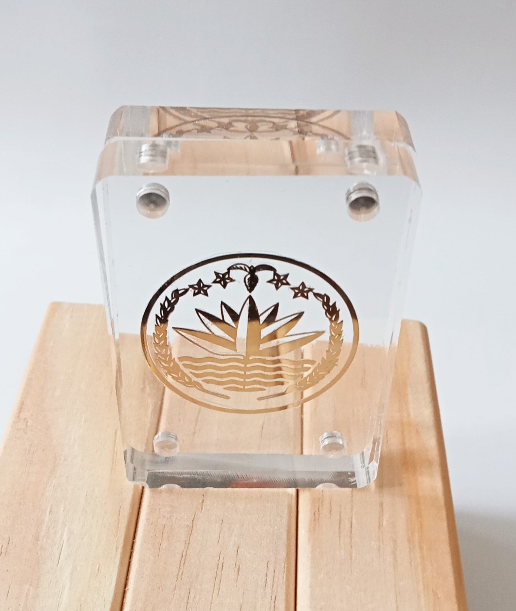 Golden Bangladesh National Emblem Clear Acrylic Block
